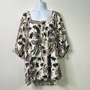 June + Vie Linen Square Neck Puff Sleeve Floral Top Women’s Size 22/24 1X